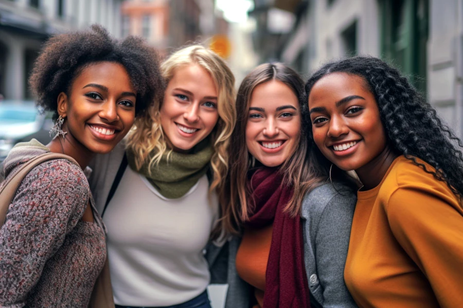 Ethnicity and Skin Types Image: A photograph of four women from different ethnic backgrounds, smiling and displaying friendship.