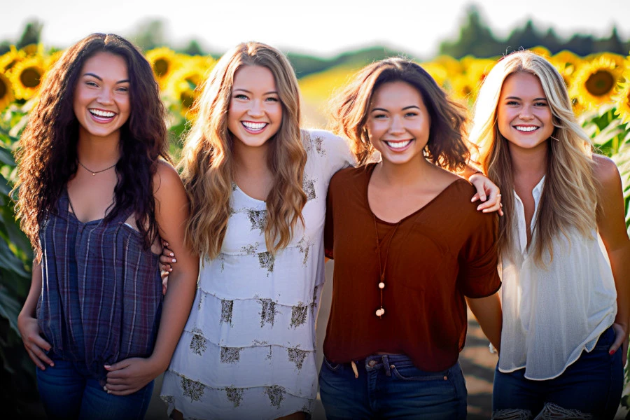 Skin types guide featured image: four women smiling at the camera as they link arms together in a field of sunflowers