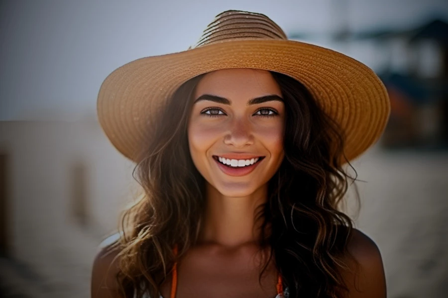 Wide brimmed hat feature image: Portrait photograph of a woman wearing a wide brimmed hat at the beach.