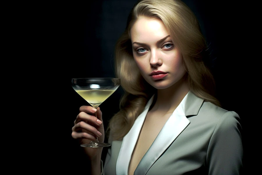 Alcohol in Skincare Products Conclusion: A portrait photograph of a woman posing as a secret agent, holding a martini.