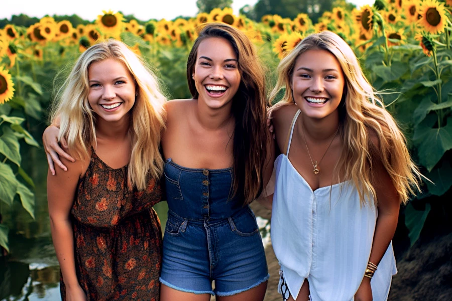 Celebrate Your Oily Skin Image: A photograph of three women smiling together outdoors.