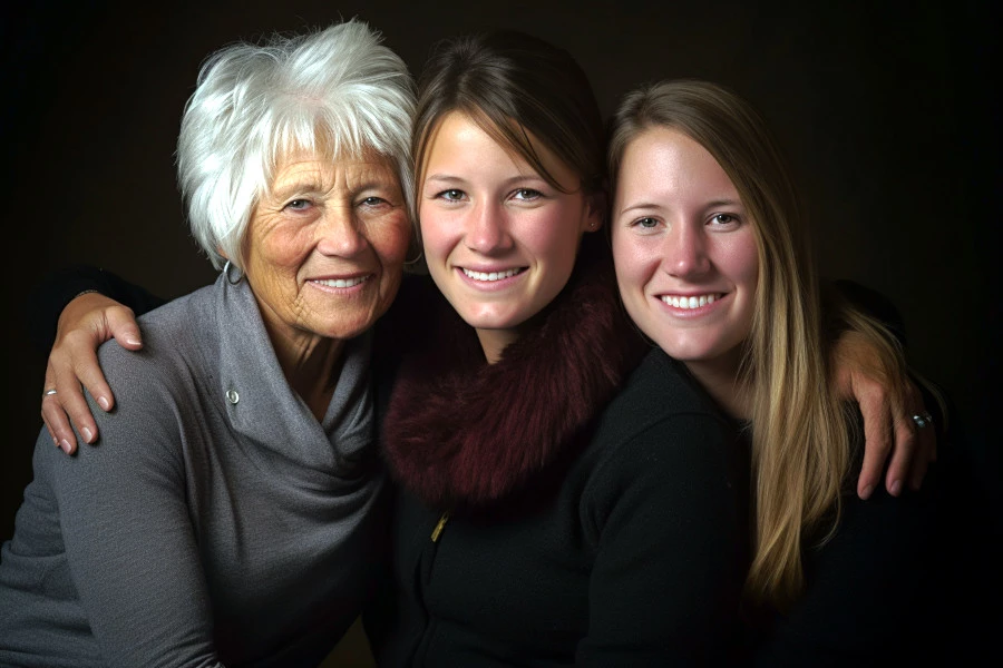 Combination Skin and Genetics: A portrait photograph of three women, including a teenager, middle-aged and mature woman.