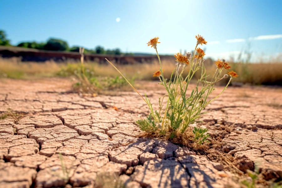 Types of dry skin conditions feature image: a small flower struggling to grow in very dry soil.