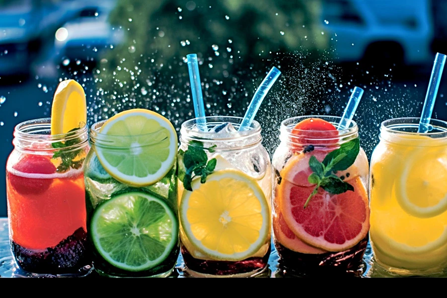 Stay hydrated with water and fruit if you have dry skin: a photograph of several glass mason jars with delicious fruit infusions.