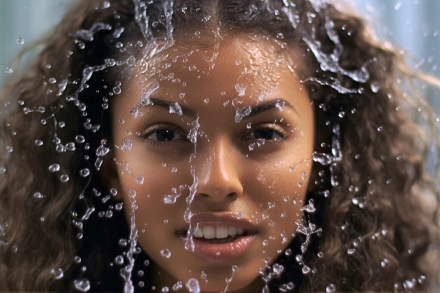 Facial Cleansers Guide Conclusion: A photograph of a woman's face, behind a splash of water.