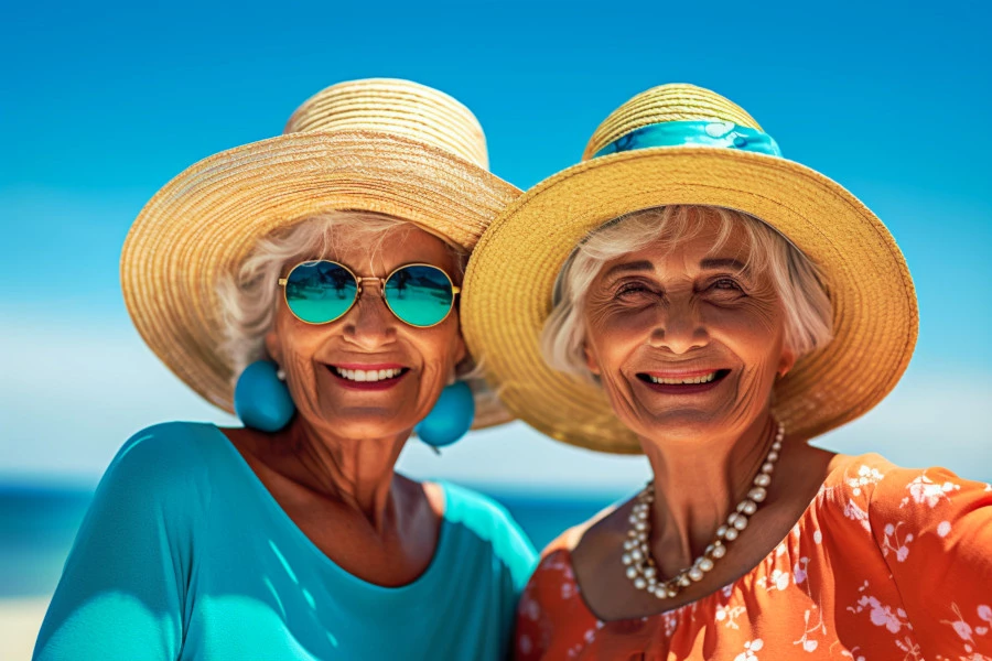 Mature Skin Sun Protection: A portrait photograph of two mature women wearing broad brimmed hats in the sun.
