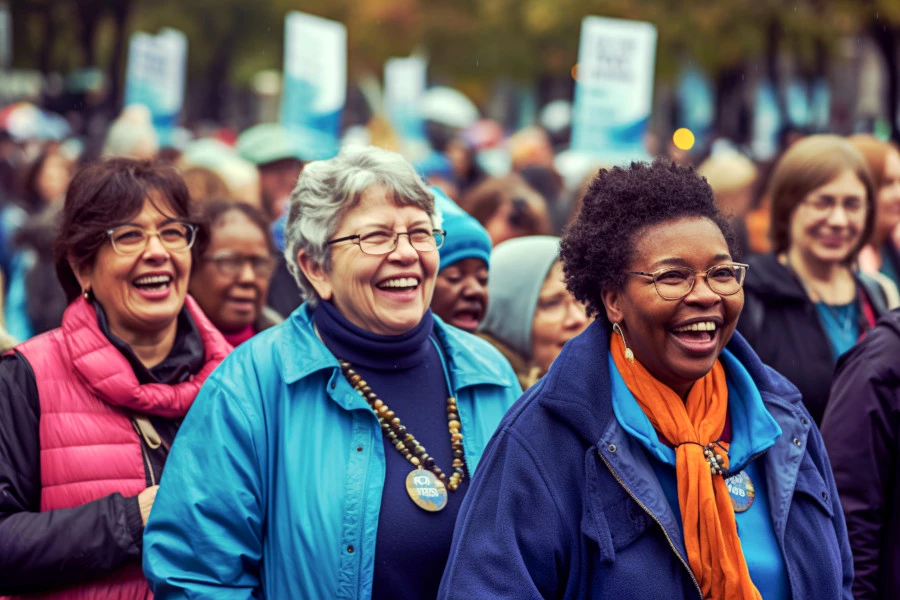 Mature Skin Types: A photograph of several elderly women in a street march.