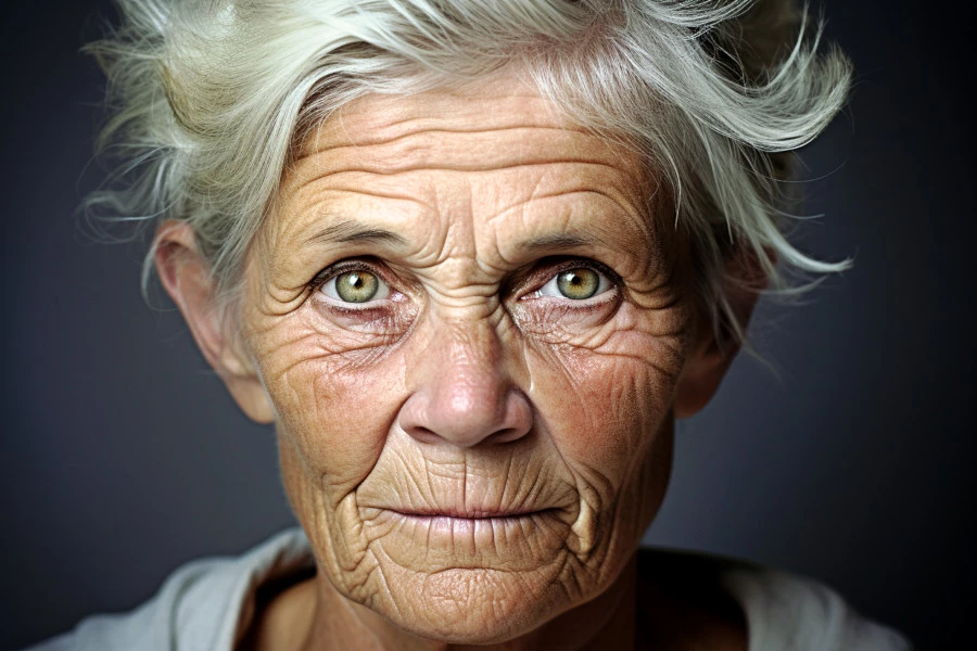 Mature Skin with Wrinkles: A portrait photograph of a mature women with deep wrinkles.