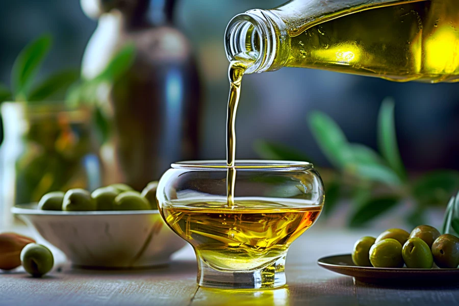 Oily Skin Characteristics Image: A picture of olive oil pouring out of a bottle.