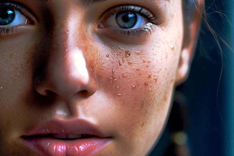 Oily Skin: Radiant Skincare Ultimate Guide Featured Image: A close-up photograph of a model's face with oil droplets on her skin.