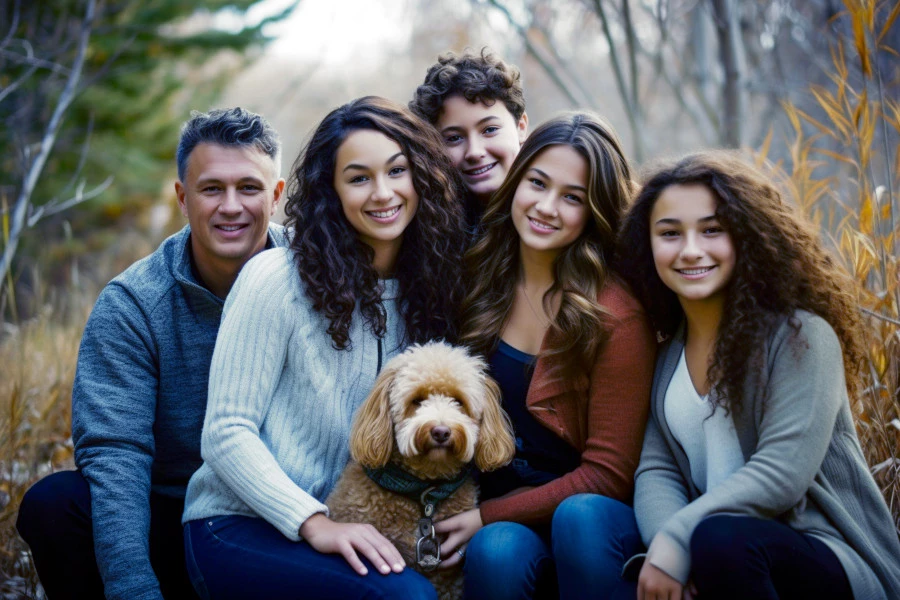 HealGlowLive.com About page featured image: A photograph of a father with his teenage children and their pet dog, sitting together outside.