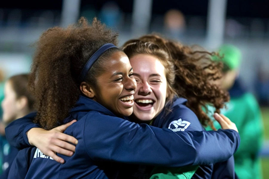 Dual skin types: A photograph of two women embracing after a sports competition.