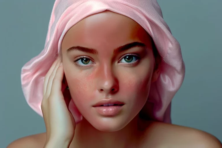 Sensitive Skin Guide Featured Image: A portrait photograph of a woman with a pink cosmetic towel on her hair, with indications of red sensitive skin on her face.