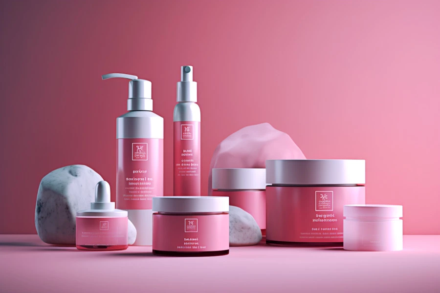 Skincare Products Image: A bright pink picture featuring several different skincare products.