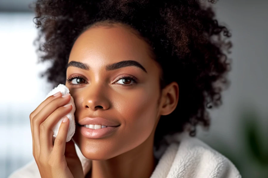 Building an Effective Personalized Skincare Routine Featured Image: A portrait photograph of a woman cleansing her face with a washcloth.