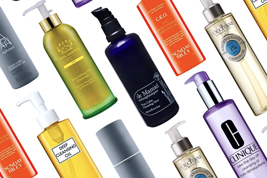 Types of Facial Cleansers Image: A collage of cleansing oils from different brands.