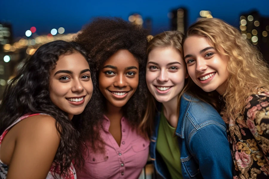 Different Types of Skin Color Image: A portrait photograph of 4 women with diverse skin colors.