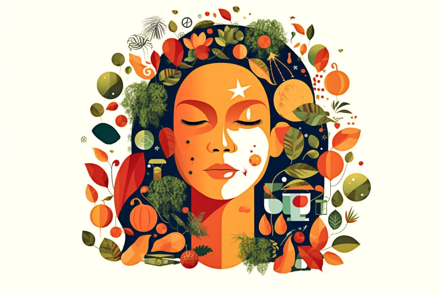Organic and Natural Skincare Ingredients Image: An infographic illustration depicting Mother Earth surrounded by natural skincare ingredients.