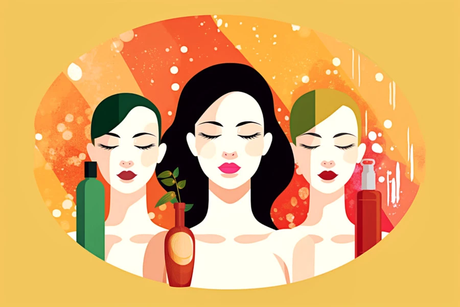 Toxin-Free Skincare Featured Image: An illustration of portraits of three women with natural skincare products.