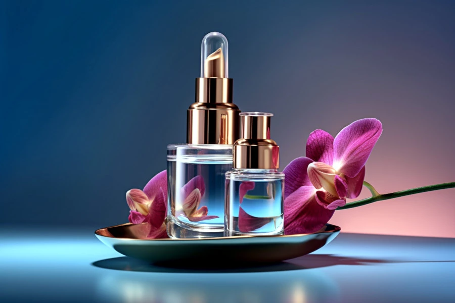 Toning Essence Explained Featured Image: A photograph of toning essence with orchids.